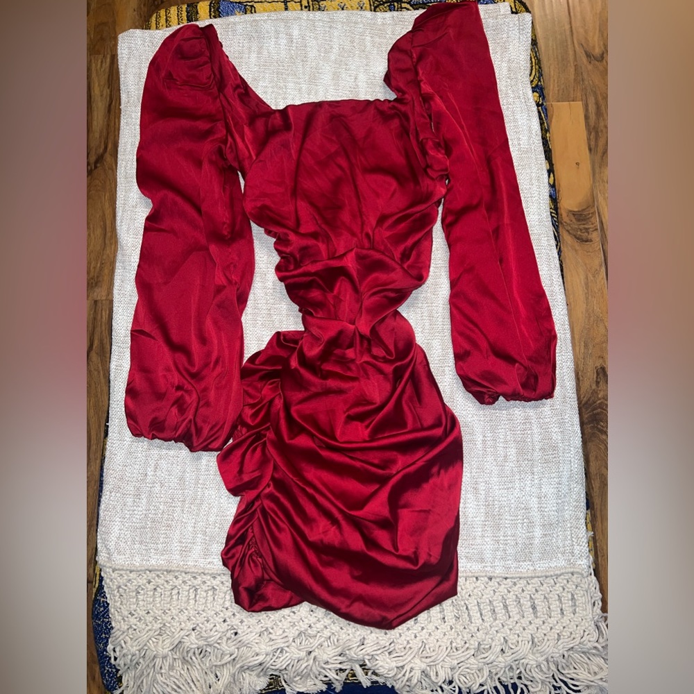 Oh Polly Red Satin Mini Dress with Puff Sleeves